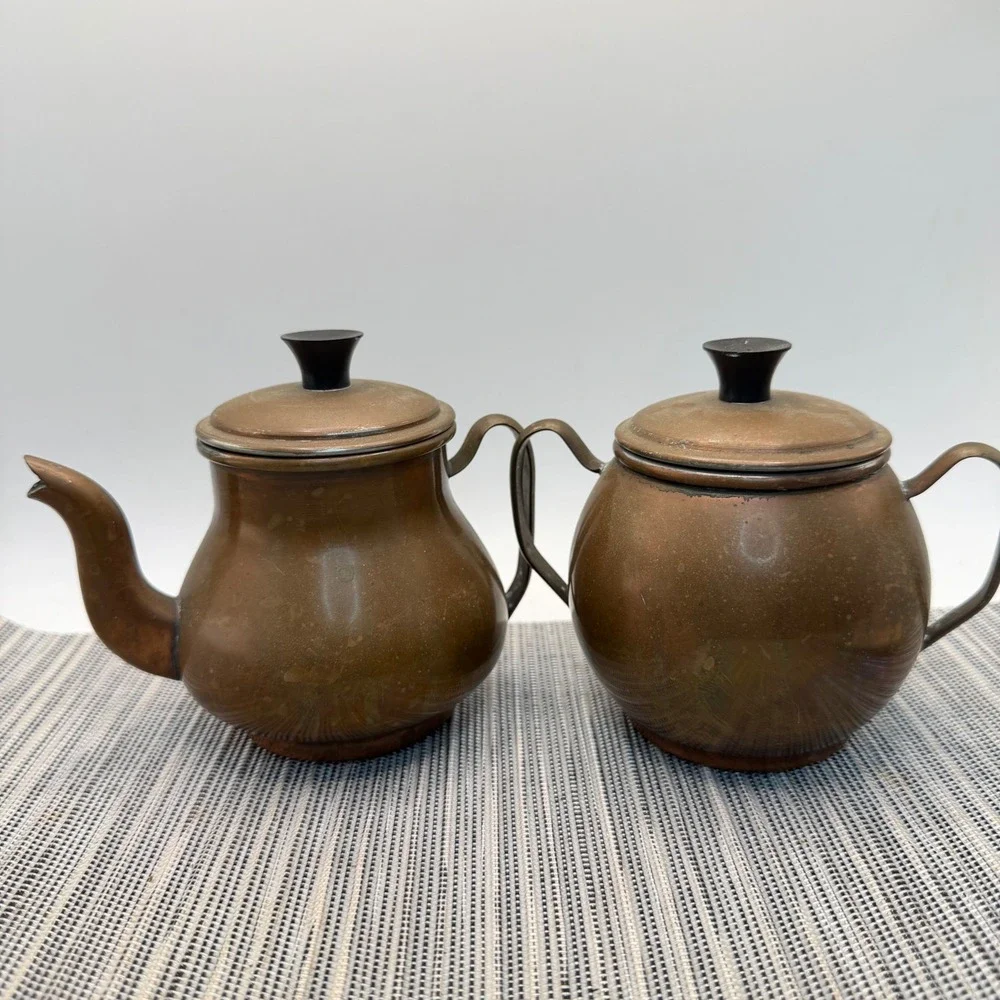 Vintage Copper Creamer and Sugar Bowl Set Rustic Farmhouse Kitchen Decor 2 Piece